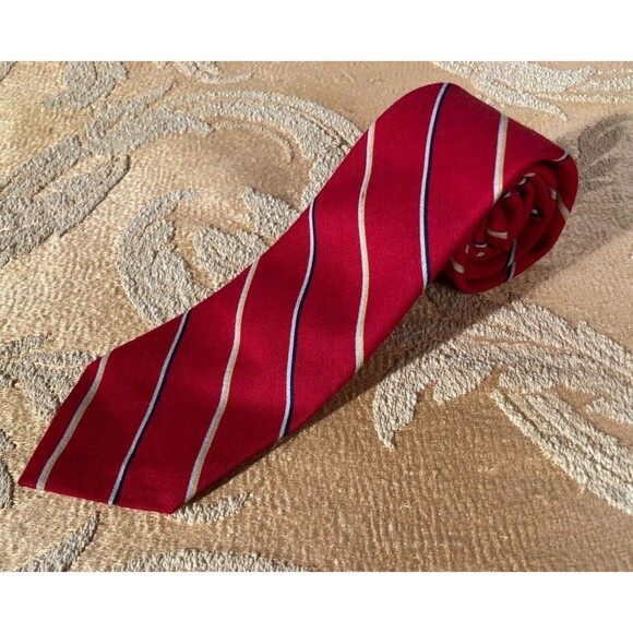 Vintage 80s Red Necktie 1980s Lord & Taylor Silk Wool Striped Old Money Tie - Picture 1 of 5